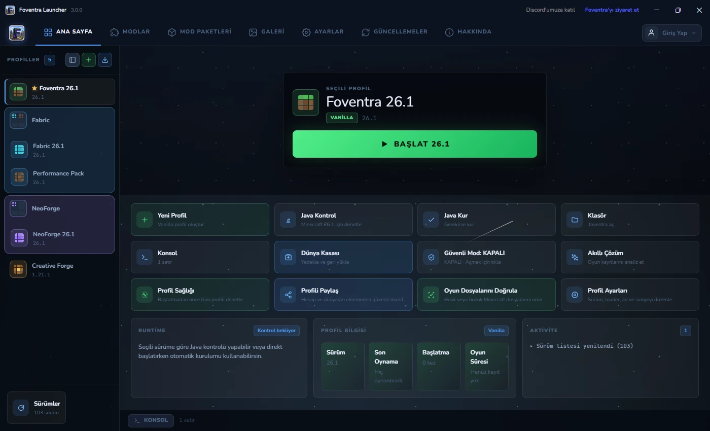 Foventra Launcher masaüstü profil yönetimi
